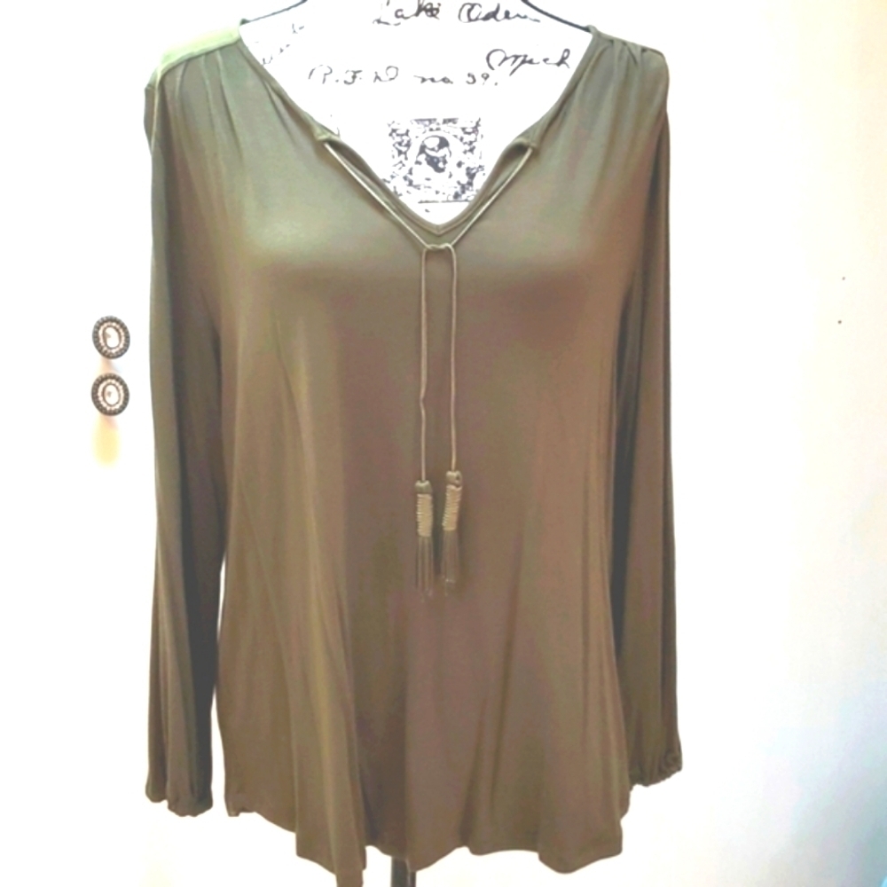 Cupio| Womens Green Boho Peasant Tassel Ties Long Sleeve Blouse/ Top Sz.XL